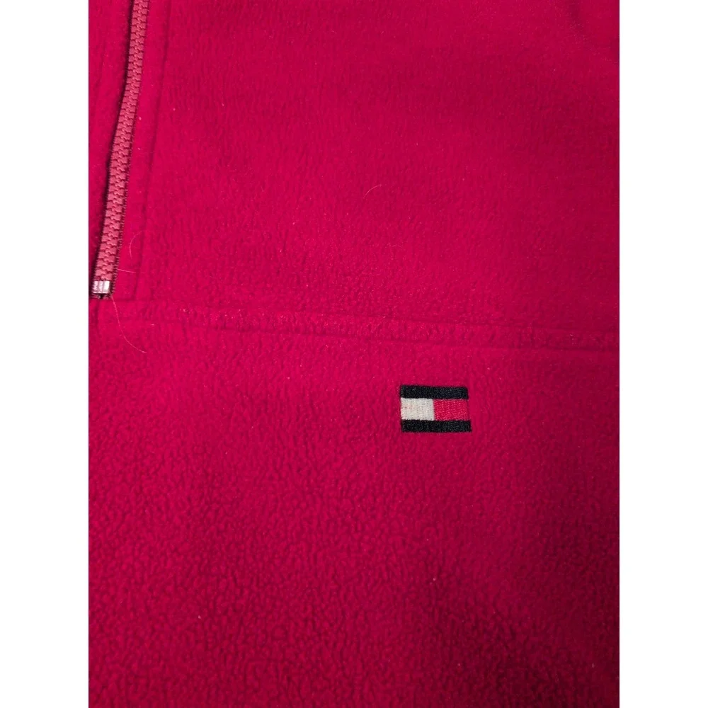 Tommy Hilfiger Mens XL Red Quarter Zip Fleece Pullover Navy White Stripe Vintage